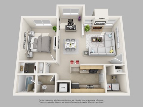 Floor plan for 1 bed, 1 bath, 850 sqft